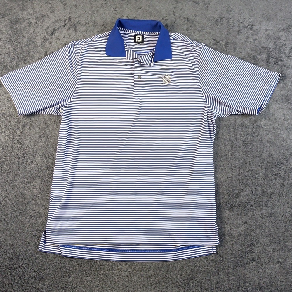 Footjoy Shirt Mens Medium Blue Striped Logo Golf Polo Comfort Blue Lakes CC